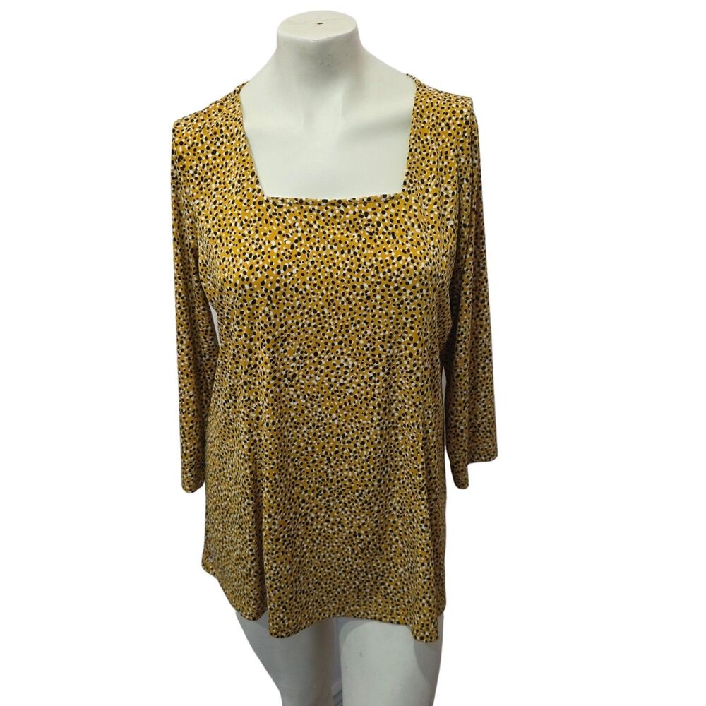 Susan Graver Liquid Knit Tunic Top Medium Mustard Animal Print Square Neck